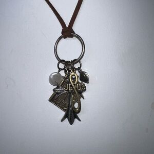 Antiqued Metal Religious Charm And Leather Necklace